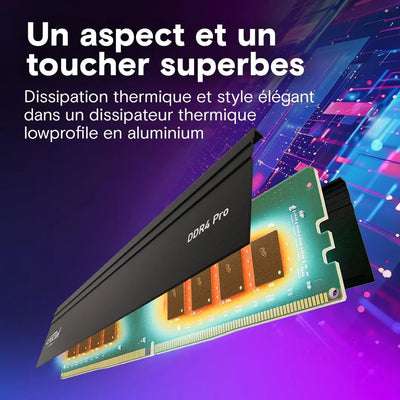 Kit Mémoire RAM Crucial Pro DDR4 64 Go 3200 MHz en aluminium noir profil bas avec ailettes thermiques