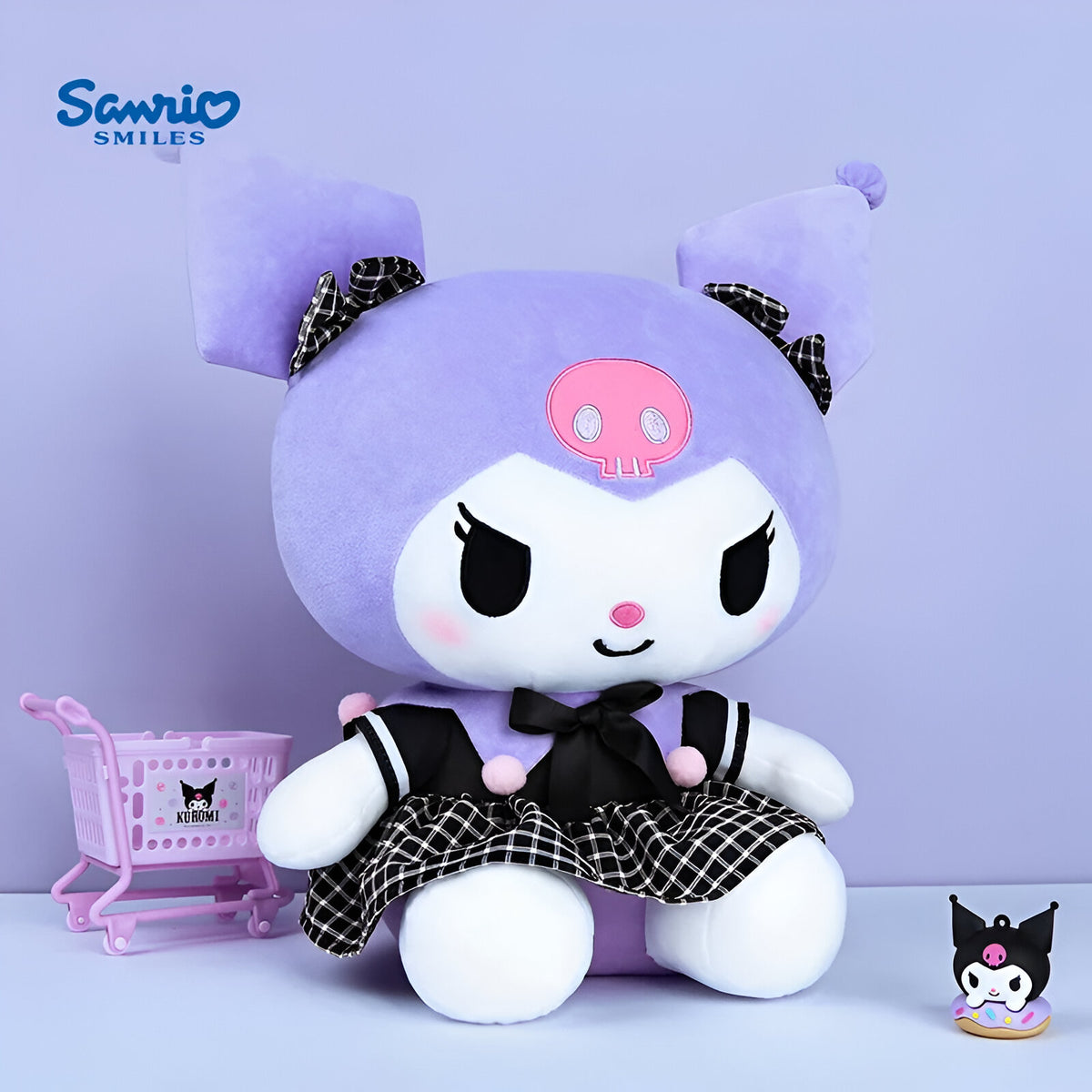 Peluche kuromi -30 cm - Tenue en roble à carreaux noirs image 0