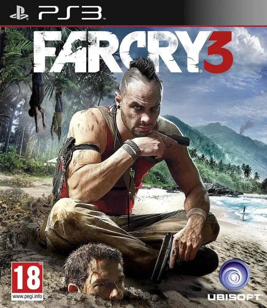 Couverture Far Cry 3 PS3 : homme musclé mohawk tatoué plage tropicale