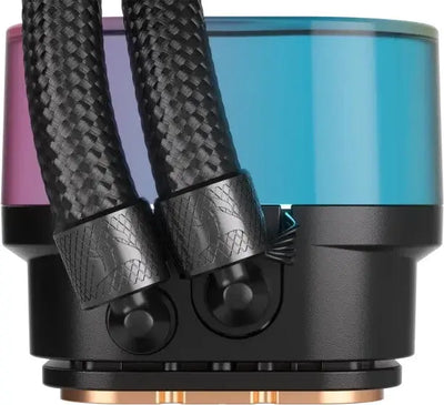 Refroidisseur CPU liquide CORSAIR iCUE Link H100i 240 RGB Noir avec réservoir bleu-violet translucide et tubes tressés noirs aux connecteurs métalliques texturés