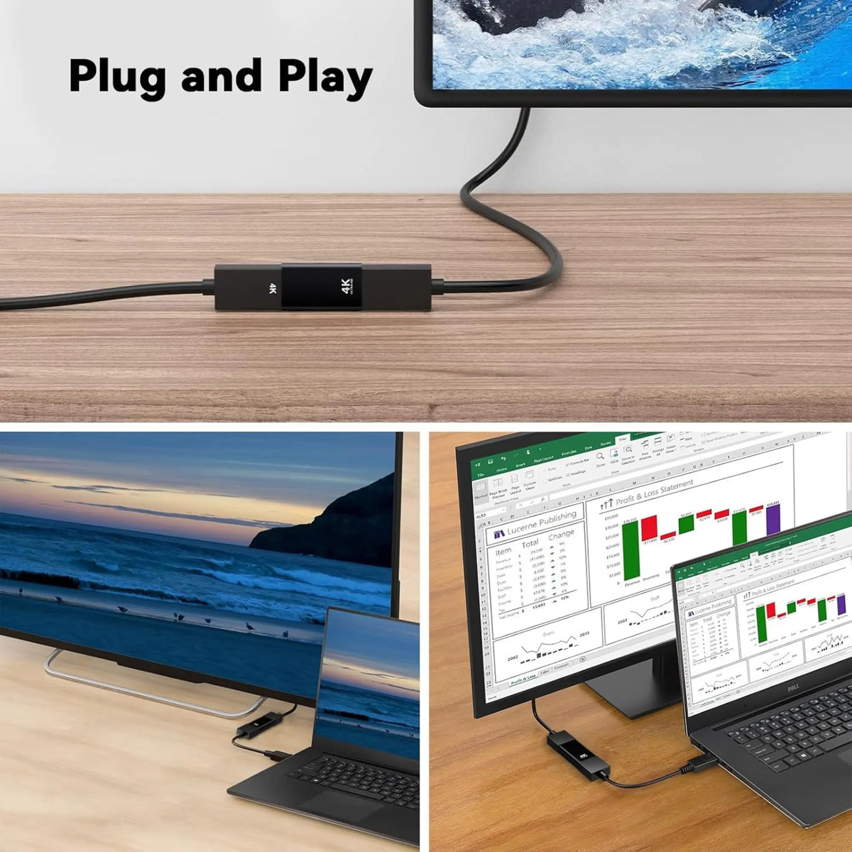 Adaptateur HDMI USB-C noir 4K pour affichage plug-and-play