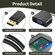 Adaptateur DisplayPort mâle vers VGA femelle noir avec connecteur plaqué or
