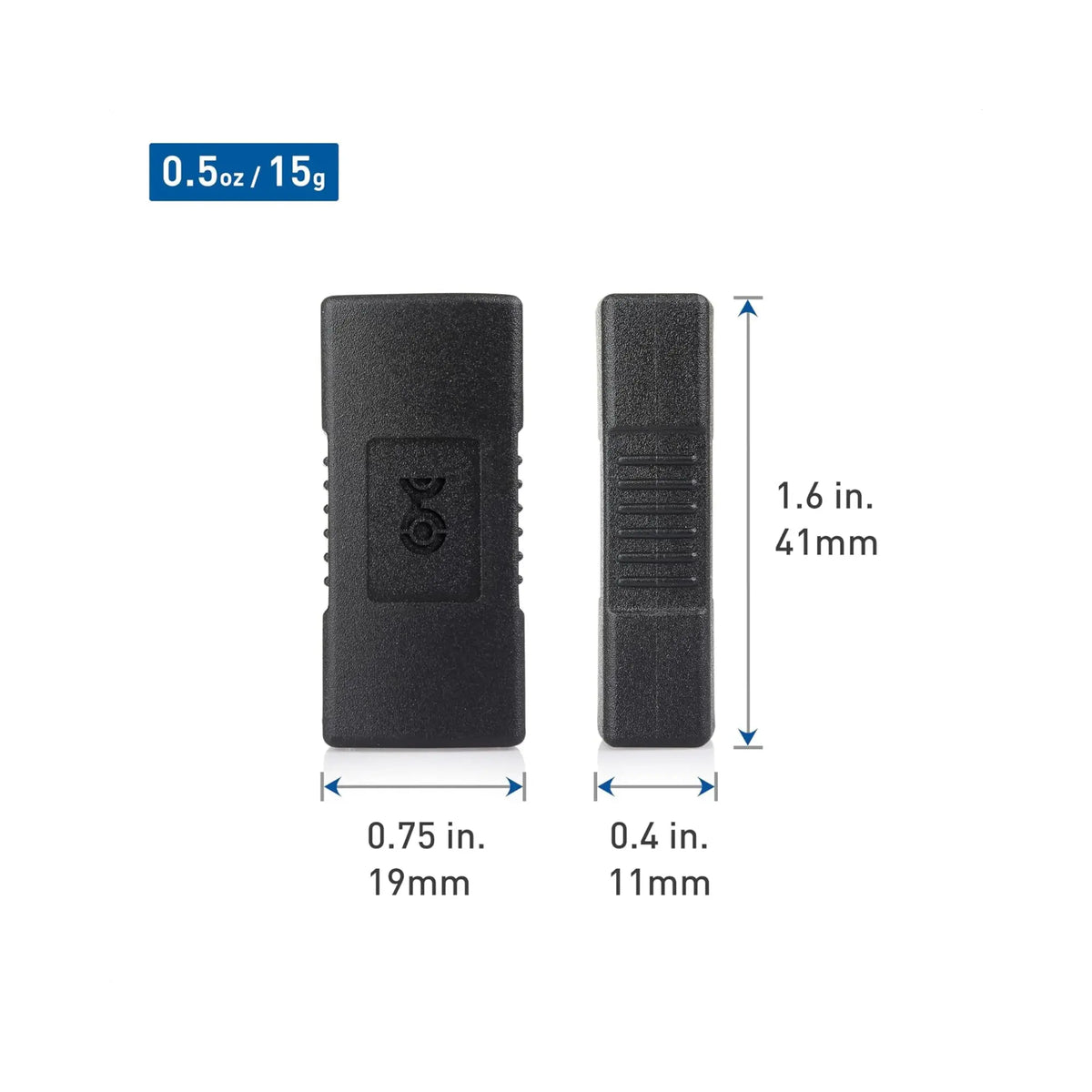 Adaptateur USB femelle vers femelle en plastique noir texturé avec logo central