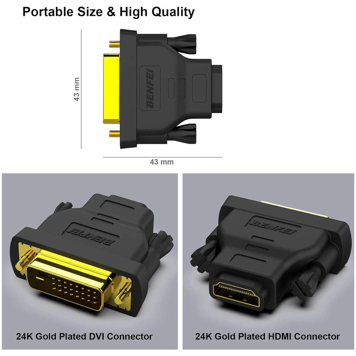 Adaptateur DVI mâle vers HDMI femelle Denfei noir avec connecteurs plaqués or 24k
