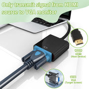 Adaptateur HDMI mâle vers VGA femelle noir et bleu HD avec connecteurs dorés