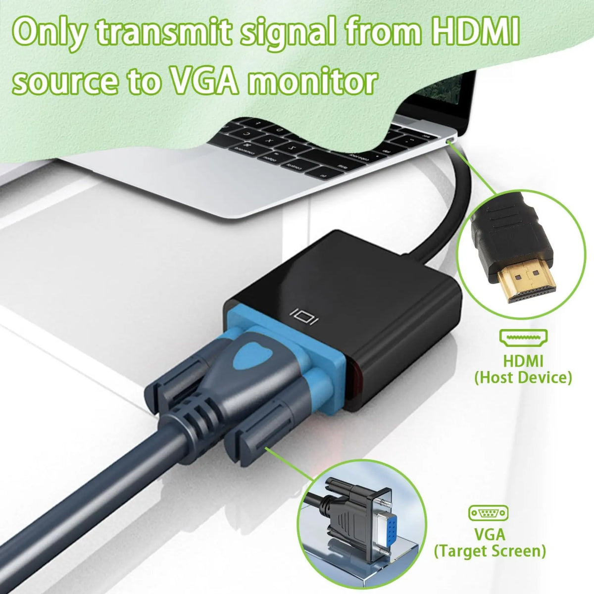 Adaptateur HDMI mâle vers VGA femelle noir et bleu HD avec connecteurs dorés