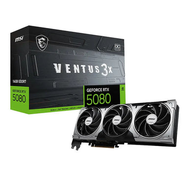 Carte graphique MSI GeForce RTX 5080 Ventus 3X OC noire et argentée à 3 ventilateurs