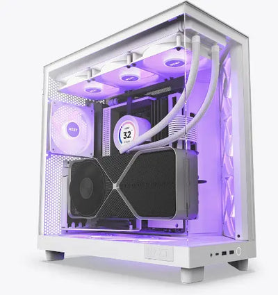 NZXT H6 Flow RGB Blanc : boîtier blanc transparent avec éclairage LED violet et carte graphique noire