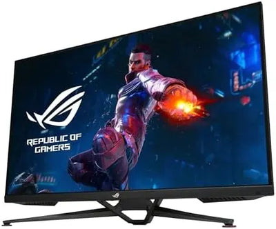 Moniteur ASUS ROG Swift 38’’ 4K HDR 144Hz affichant un personnage sci-fi vibrant