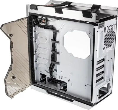 Arrière du boîtier ASUS ROG Strix Helios RGB NOIR, blanc et noir, panneau transparent, découpe octogonale