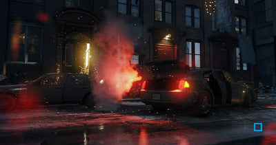 Berline grise sombre en flammes orange intenses, portière arrière ouverte, The Division PS4