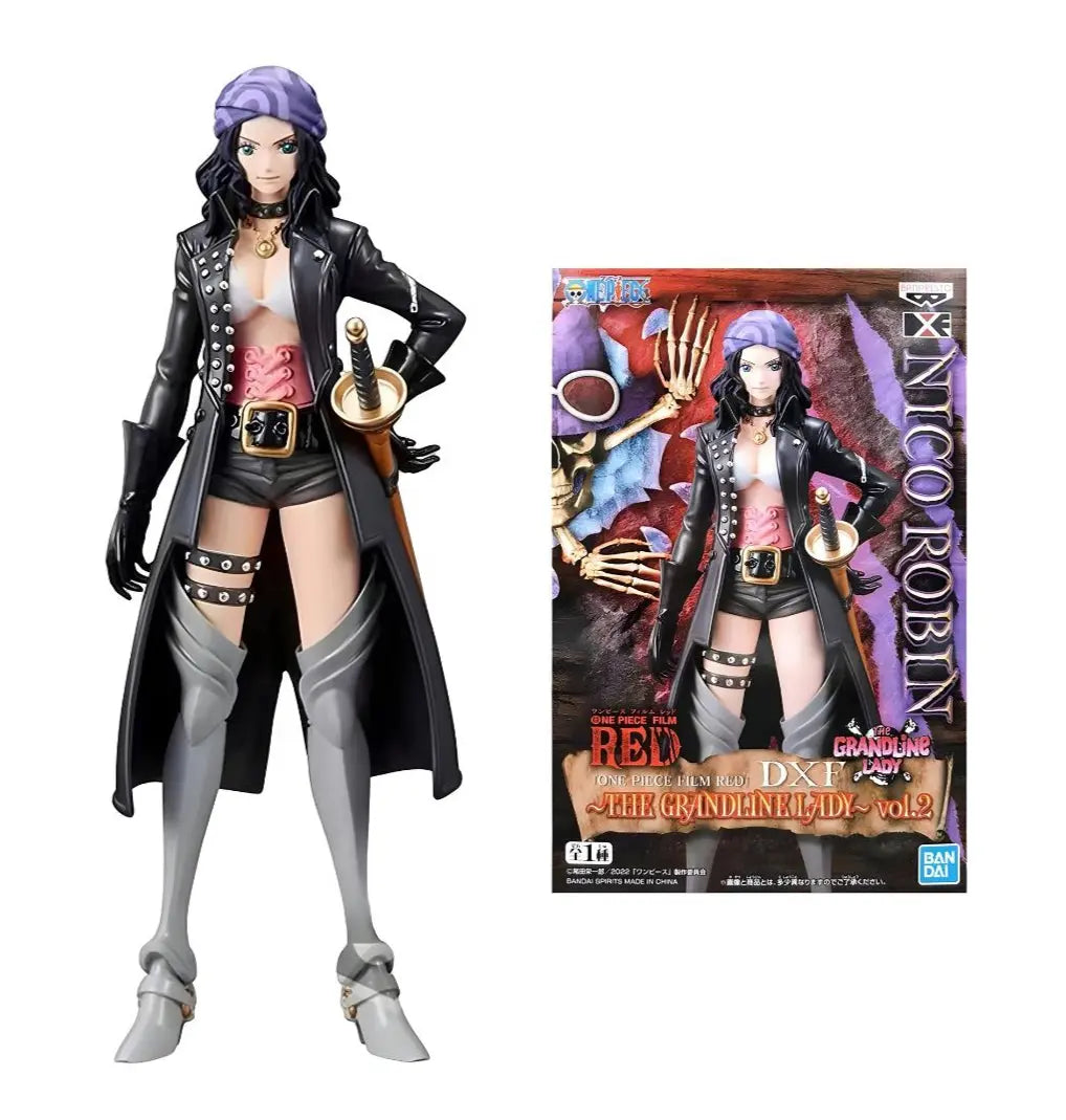 Figurine One Piece Nico Robin : manteau cuir noir clouté, corset rose