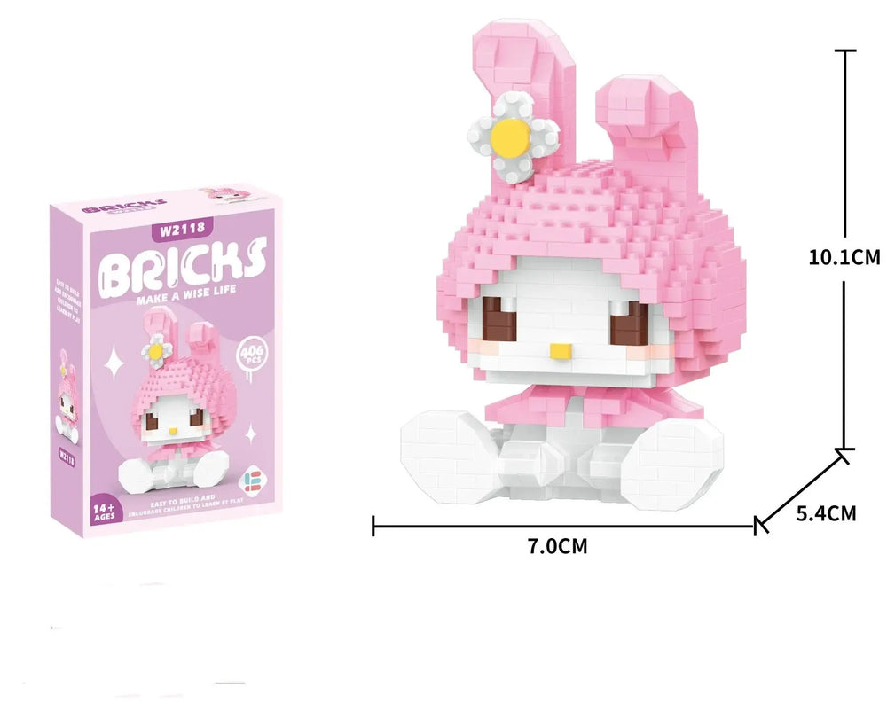 Figurine My Melody rose et blanche en briques Hello Kitty avec fleur