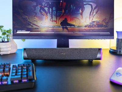 Barre de son gaming Trust G620 noire texturée avec LED bleues et violettes