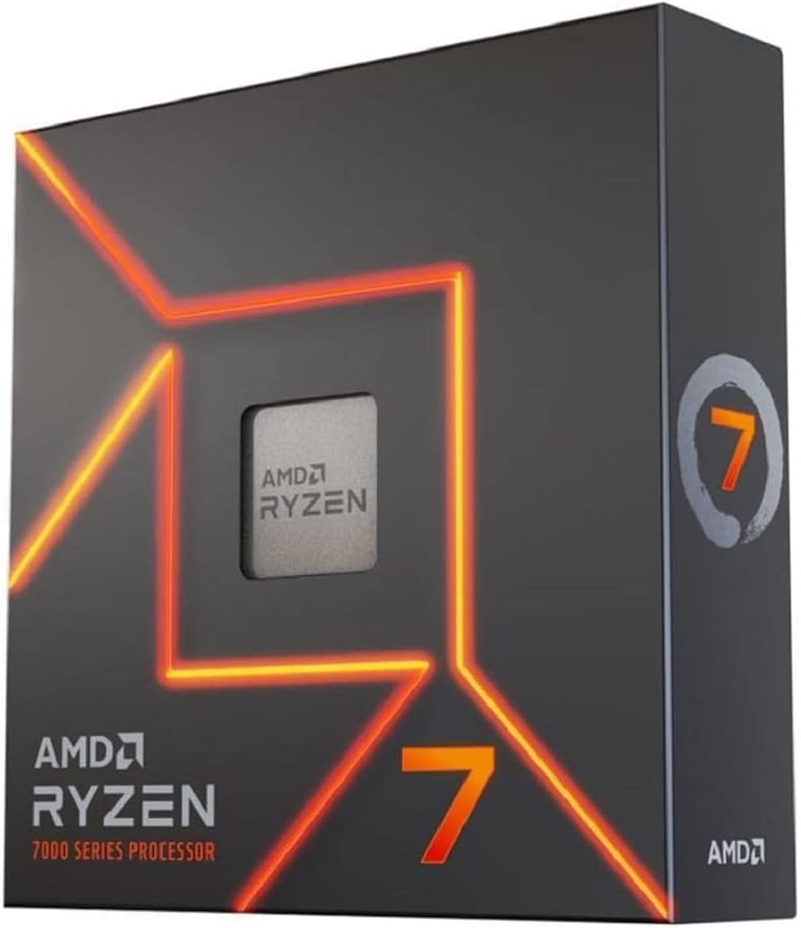 Boîtier processeur AMD Ryzen 7 7700X noir avec lignes géométriques orange néon et fenêtre transparente sur puce argentée