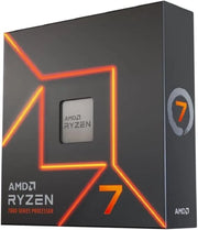 Boîtier processeur AMD Ryzen 7 7700X noir avec lignes géométriques orange néon et fenêtre transparente sur puce argentée - Processeur