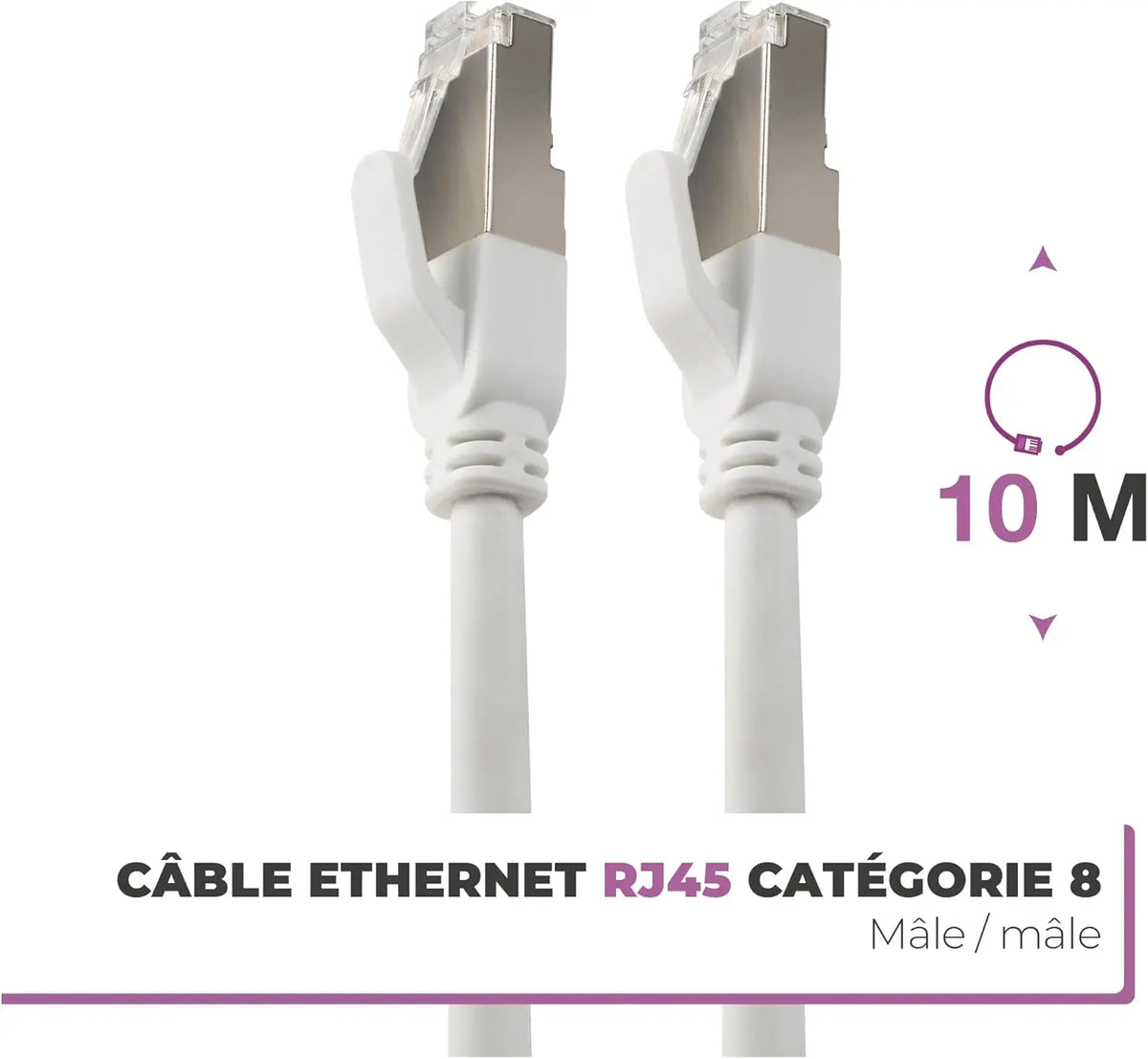 Câble RJ45 Cat 8 5m blanc avec connecteurs RJ45 argentés catégorie 8