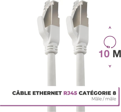 Câble RJ45 Cat 8 5m blanc avec connecteurs RJ45 argentés catégorie 8