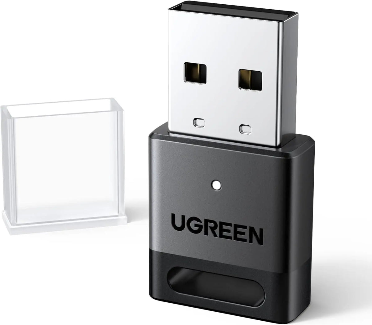 Clé Bluetooth Ugreen noire avec connecteur argenté et capuchon protecteur clair