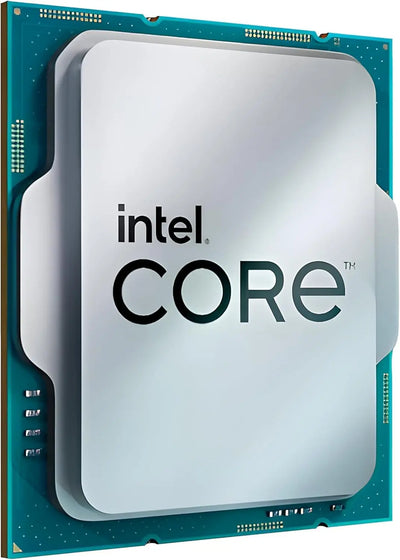 Processeur Intel Core i9-14900K argenté à finition métallique et bords teal