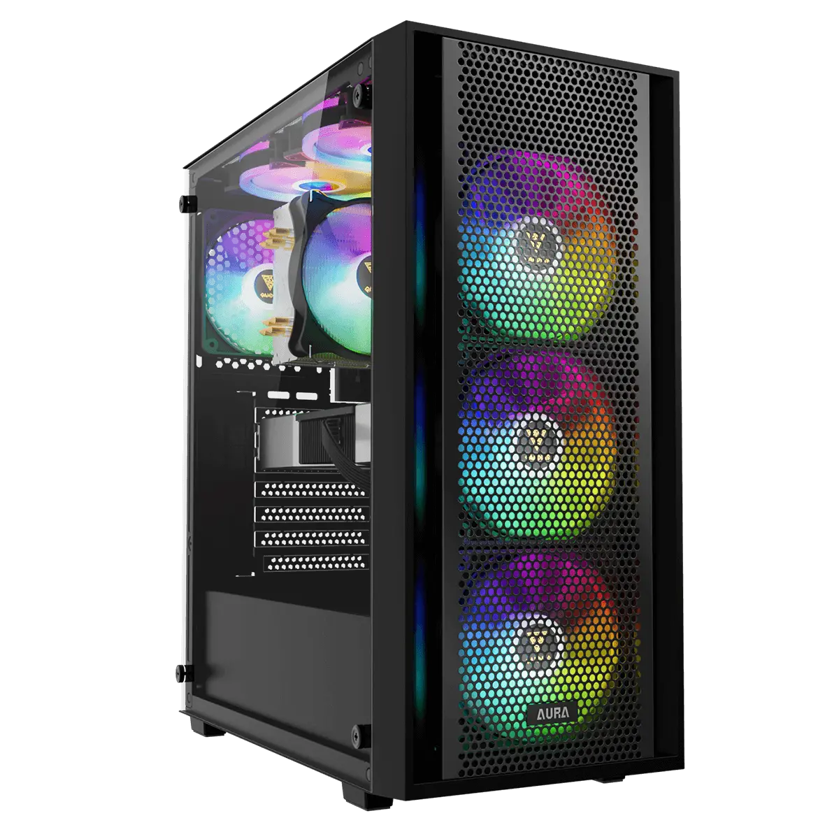Boîtier PC Gamer x Exclusive Edition Gamdias noir aura RGB, ventilateurs illuminés