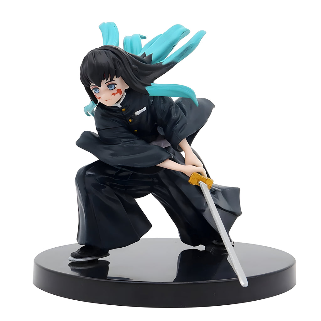 Figurine Demon Slayer Muichiro Tokito 01, personnage anime noir aux mèches turquoise, uniforme sombre et épée