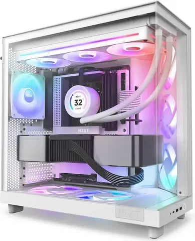 NZXT F360 RGB Core Blanc : boîtier blanc milieu-tour avec panneau latéral transparent et RGB internes