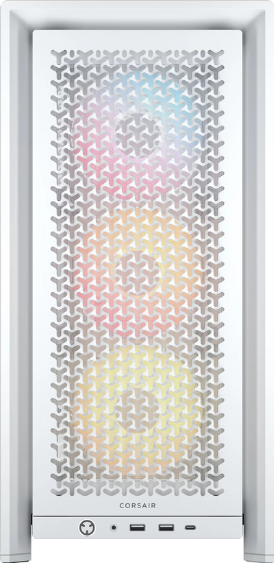 Boîtier blanc Corsair Frame 4000D RS ARGB avec panneau avant perforé iridescent arc-en-ciel