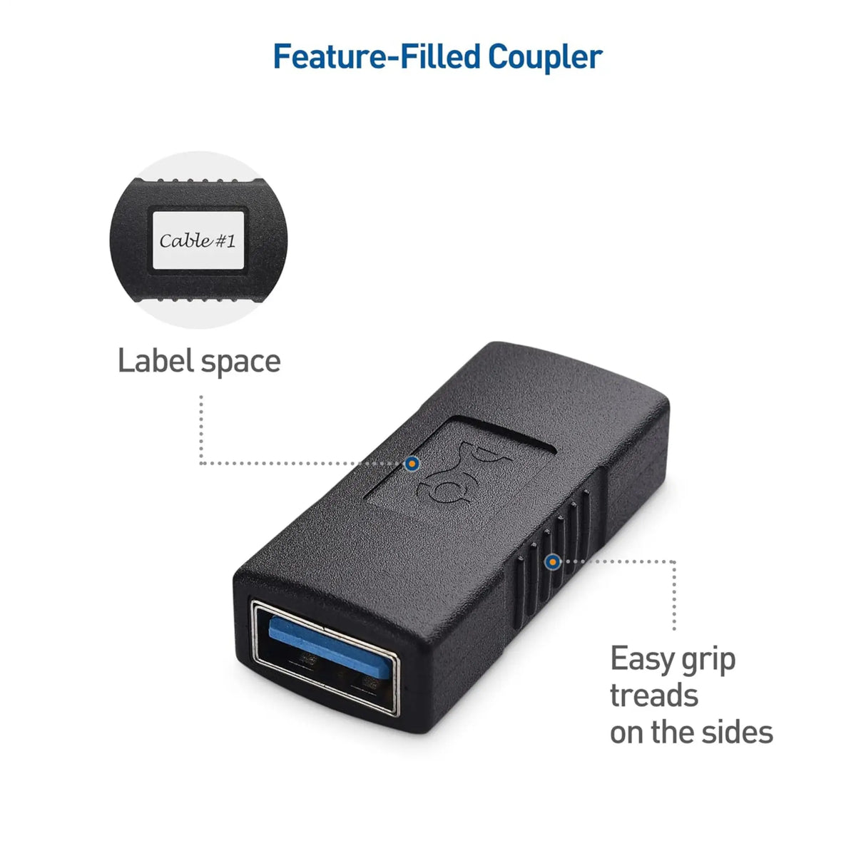 Adaptateur USB femelle vers femelle noir USB 3.0 à grip texturé