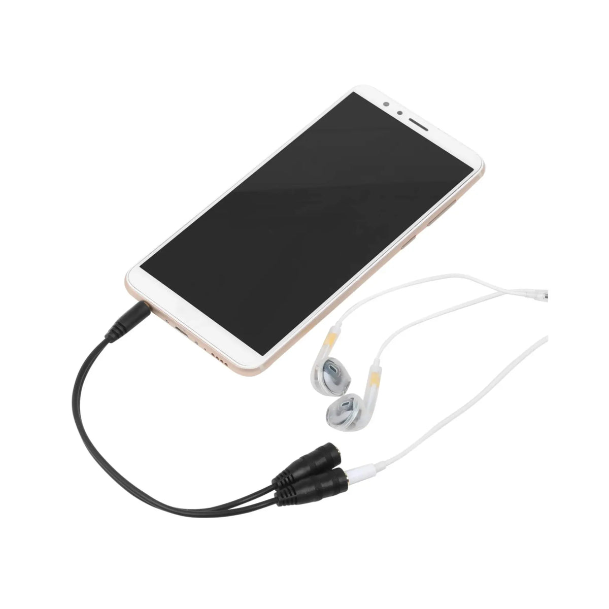 Smartphone blanc avec écouteurs via adaptateur doubleur jack 3,5 mm noir