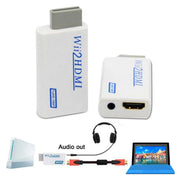 Adaptateur Wii vers HDMI blanc avec lettrage bleu et connecteur gris