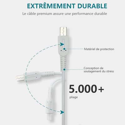 Câble USB blanc premium Chargeur 3DS avec connecteurs renforcés