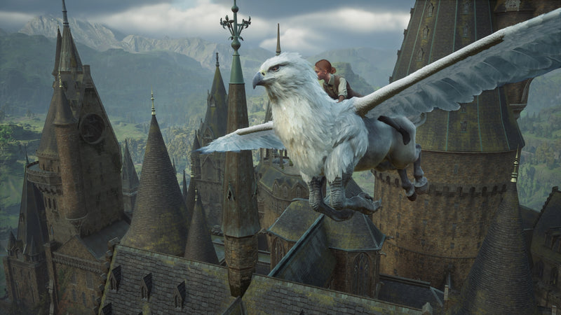 Vol à dos d'hippogriffe au-dessus du château dans Hogwarts Legacy sur Nintendo Switch 2