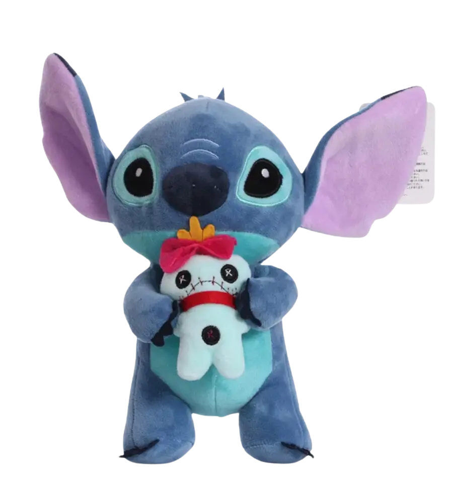 Peluche Stitch bleu tenant une poupée vaudou Souillon blanche et rouge