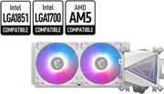 Radiateur blanc MSI MAG CORELIQUID I240 AIO avec 2 ventilateurs RGB et pompe triangulaire