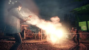 Femme en pull gris texturé vise explosion flammes avec pistolet rouge Alan Wake Xbox 360