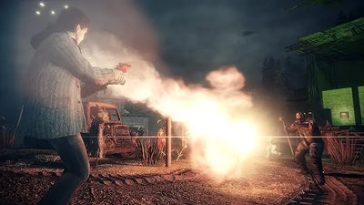 Femme en pull gris texturé vise explosion flammes avec pistolet rouge Alan Wake Xbox 360