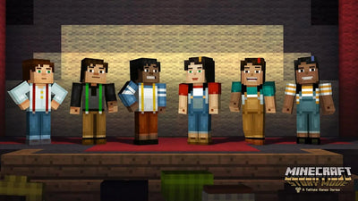 Six personnages de Minecraft Story Mode en rang sur scène boisée PS4