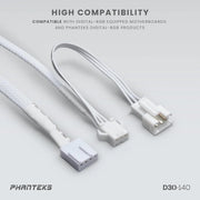 Câble blanc tressé RGB Phanteks D30-140 avec 3 connecteurs blancs, lot de 3x 14cm