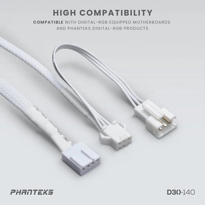 Câble blanc tressé RGB Phanteks D30-140 avec 3 connecteurs blancs, lot de 3x 14cm