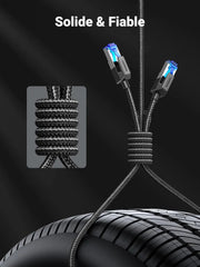 Câble RJ45 Cat 8 UGREEN 10 m noir tressé avec connecteurs RJ45 éclairés bleu