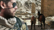 Cheval brun foncé à crinière noire dans paysage aride rocheux, Metal Gear Solid V PS4