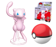 Figurine Pokémon Mew rose aux yeux bleus et queue levée sur base transparente
