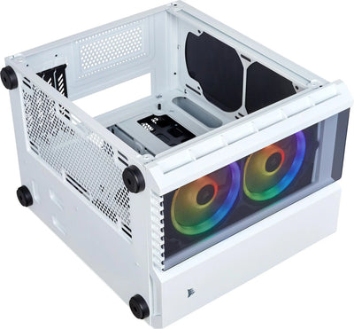 Boîtier blanc Corsair 4000D Frame RS avec ventilateurs arc-en-ciel visibles