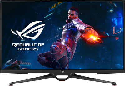 Moniteur ASUS ROG Swift 38’’ noir 4K HDR 144Hz avec personnage animé futuriste