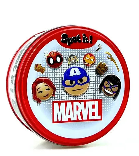 Boîte Dobble Edition Marvel rouge et blanche avec stickers héros Marvel
