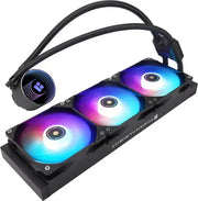Radiateur de refroidissement liquide Thermaltake noir à 3 ventilateurs avec ventilateurs éclairés RGB et tubes assortis.