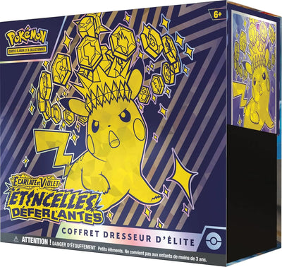 Pikachu jaune couronné de gemmes hexagonales dorées, pose dynamique, fond bleu-violet rayé, Coffret Dresseur dElite Pokemon EV08