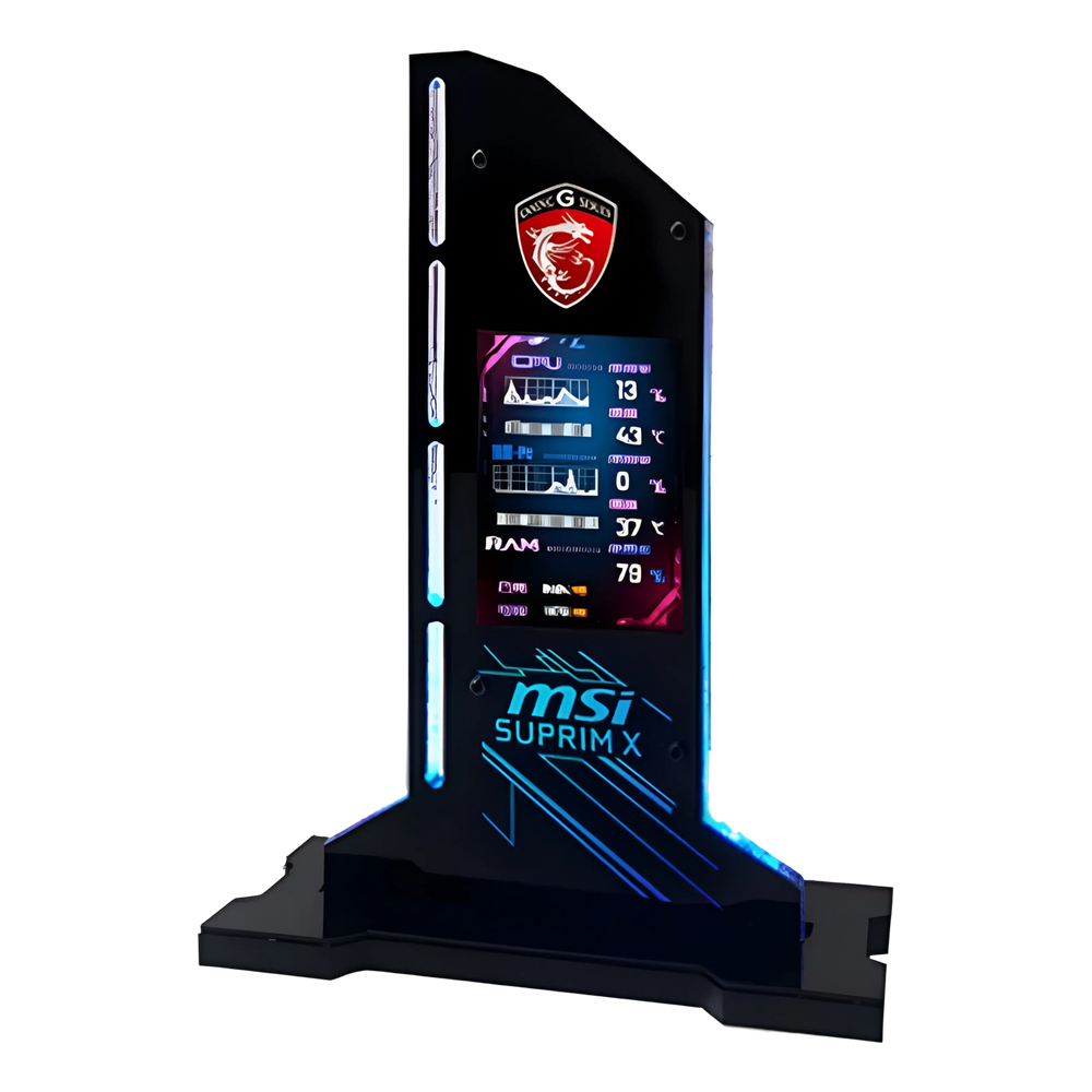 Écran MSI Suprim X noir avec cadre LED bleu et logo dragon rouge illuminé