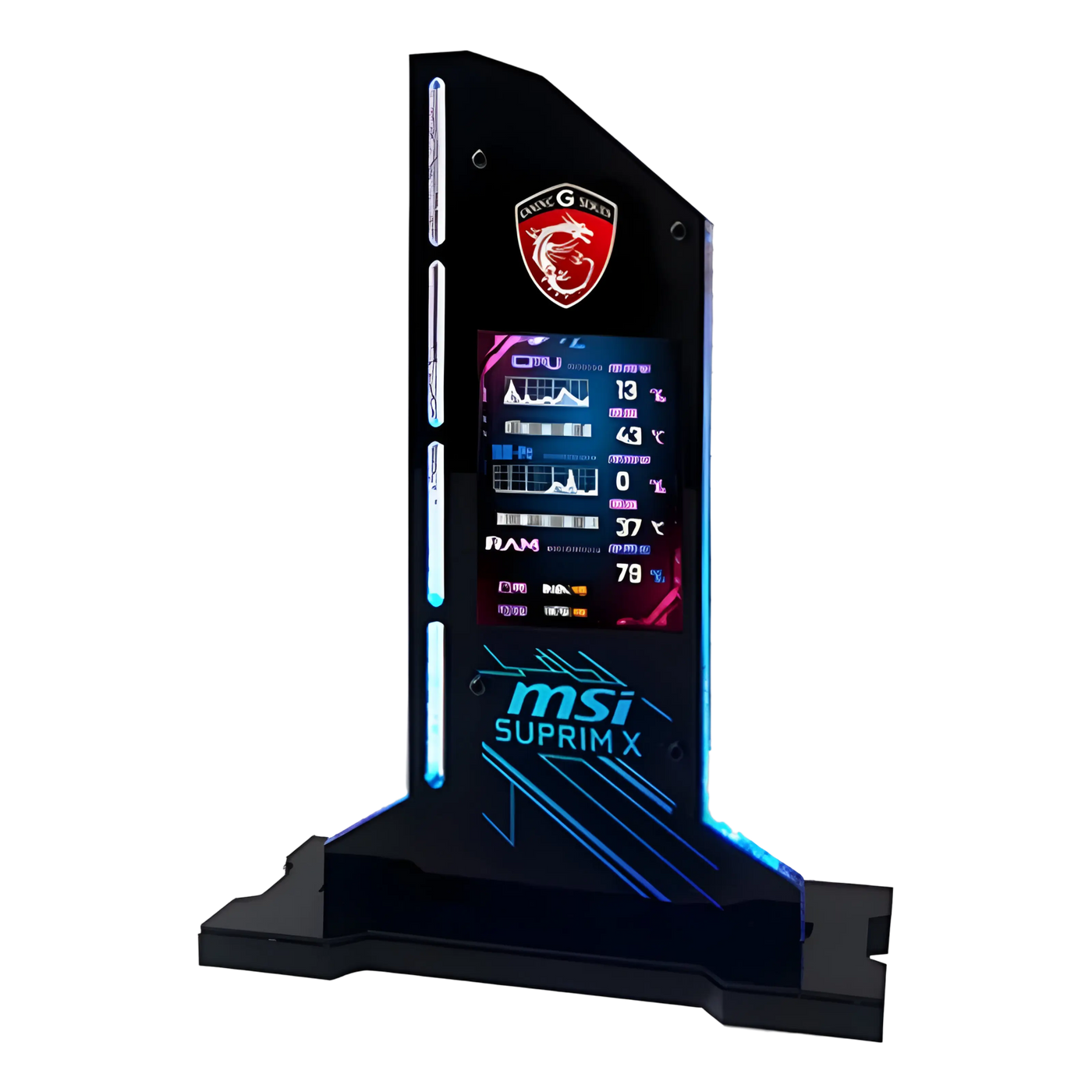 Écran MSI Suprim X noir avec cadre LED bleu et logo dragon rouge illuminé